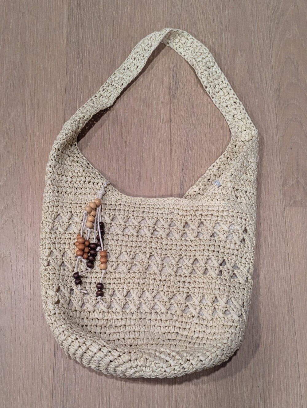 Tan Crochet Shoulder Bag with Wooden Bead Accent